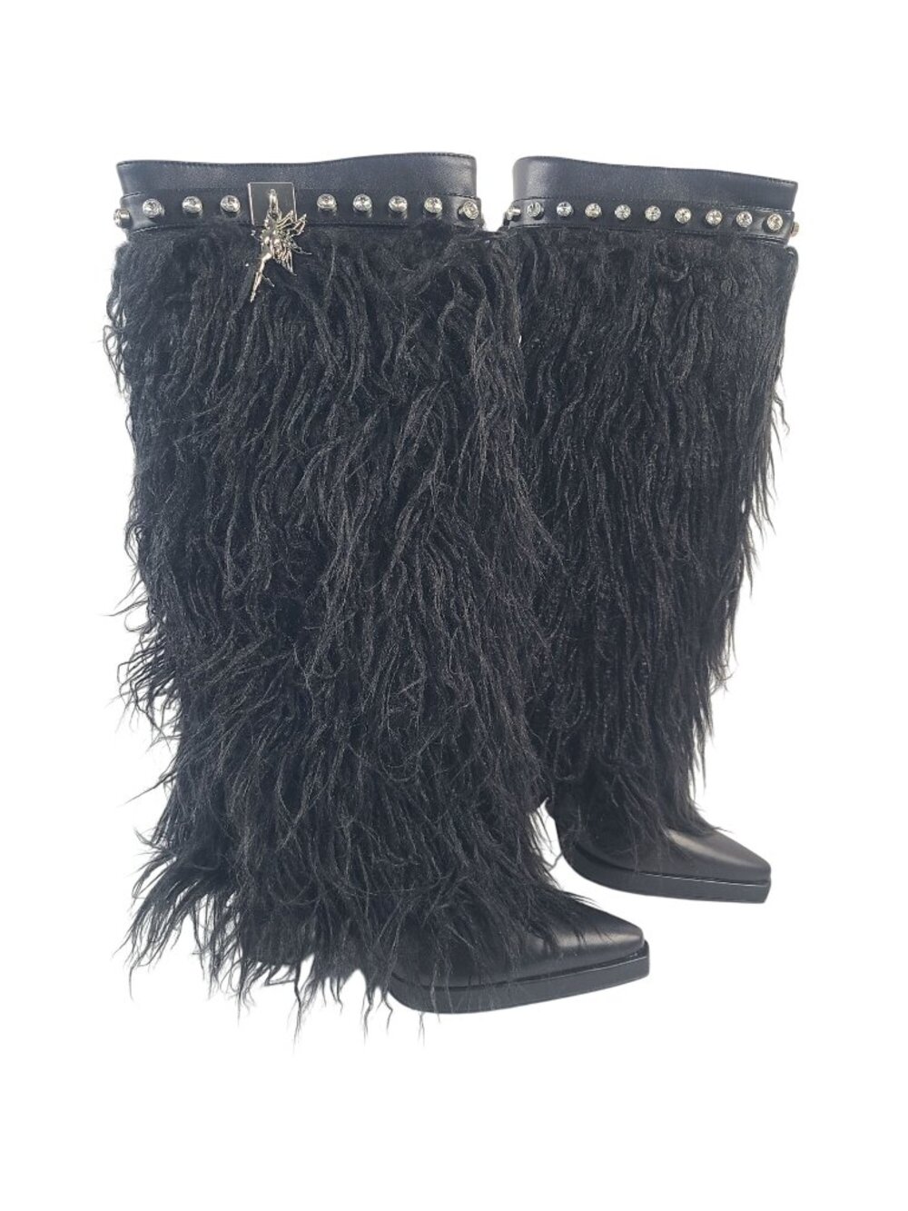 NEW Sparkl Fashion Casse Blanc Fur Boots Black Sz12 Studded Trim & Charm Accent